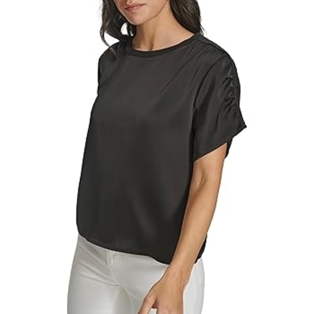 Calvin Klein Black Short Sleeve Satin Tee, Rouched Sleeve-Large NWT
